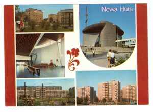 Pocztówka przedstawia Arkę Pana oraz osiedla Dąbrowszczaków (dzisiaj osiedle przy Arce) i Wysokie. Pocztówka została wydana w roku 1985.